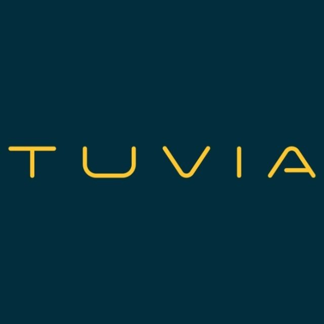 Yellow text reading 'TUVIA' on a dark teal background.